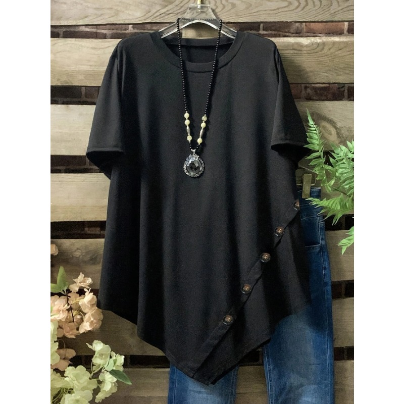 Plus Size Women's Solid Color Round Neck with Button Decoration Irregular Hem Short Sleeved T-shirt