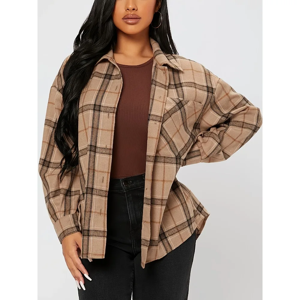 Plus Size 1XL-5XL Women's Plaid-Print Placket Long Sleeves Shirt With Lapel Collar Ladies Casual Blouse Shirt Top