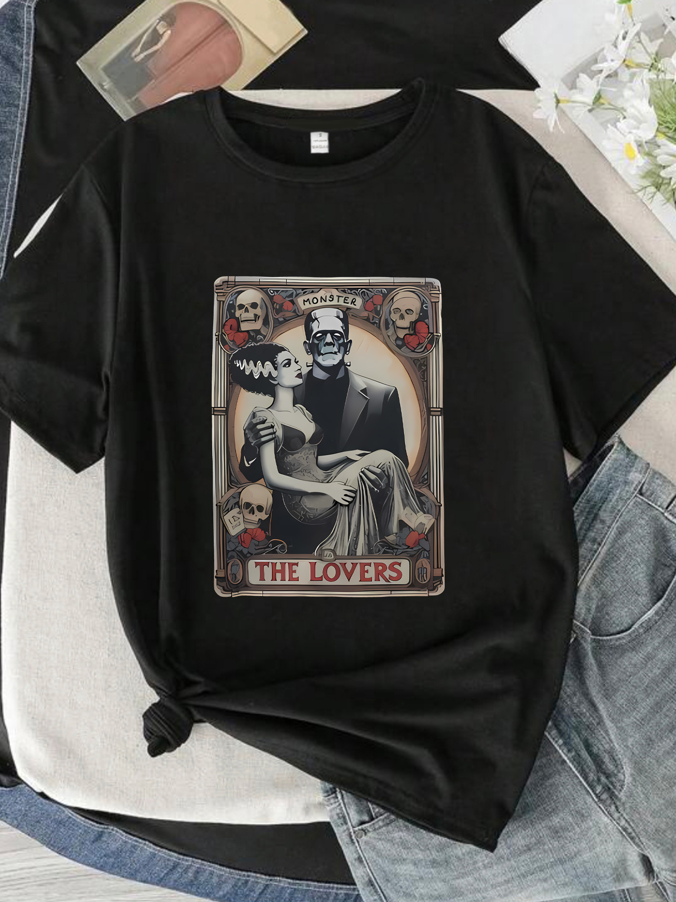 Vampire man Plus size women's round neck short sleeve T-shirt with elastic half sleeves and trendy prints