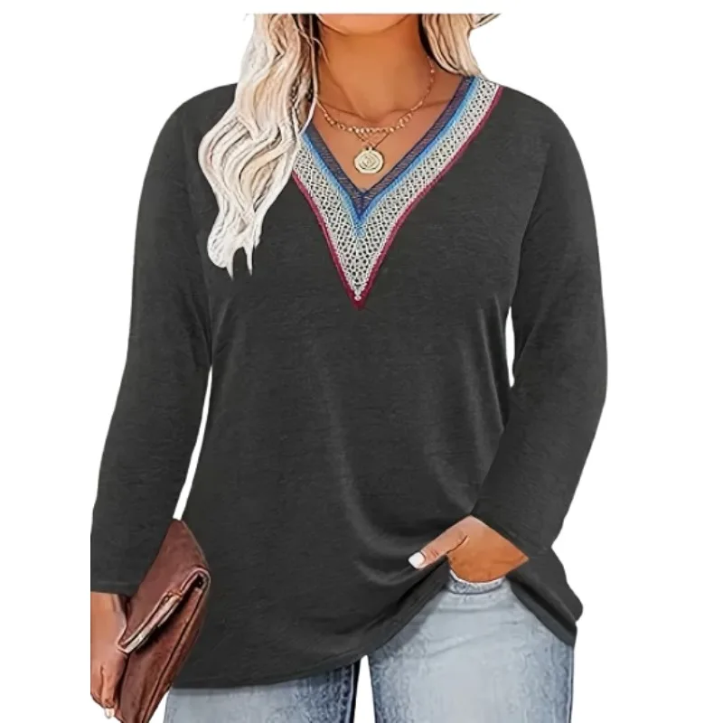 Plus Size 1XL-5XL Women's Autumn V-neck Long Sleeved V-shaped Printed Comfortable and Versatile T-shirt