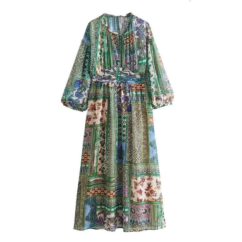 Spring Autumn Long Sleeved Printed Dresses For Women Vintage Patchwork Casual Long Skirts Female Loose Commuting Frocks 250728