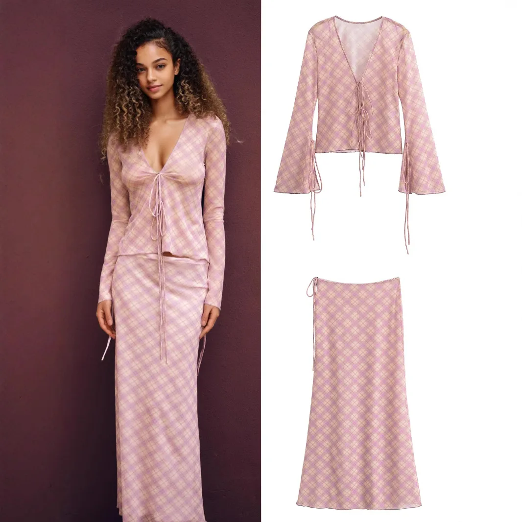 Spring Summer New Fashion Women's Printed Silk Mesh Blouse Skirt Set Elegant Quality Polyester Floor Length Dress