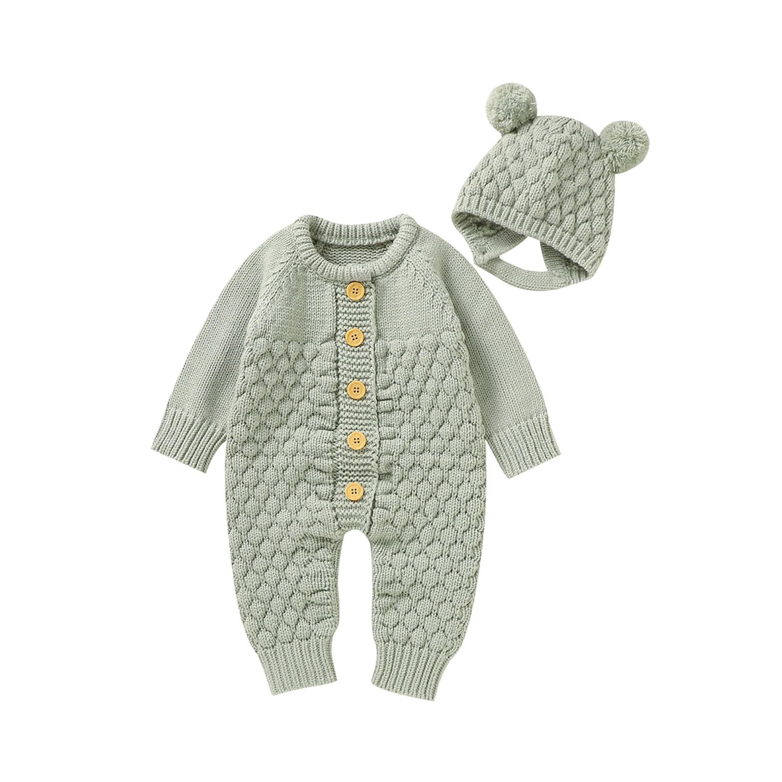 w629 VISgogo Baby 2PCS Winter Jumpsuit Outfits Infant Boys Girls Clothes Long Sleeve Solid Color Knitted Romper Bear Hat Set-image-1082733631