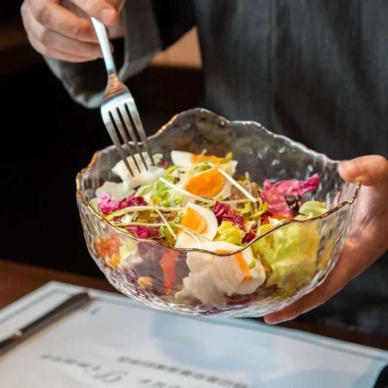 3807501450ml Salad Bowl Gold Edge Fruit Candy Snack Foods Mixing Bowl Large Desktop Vegetable Salad Container Y251101-image-1082680265