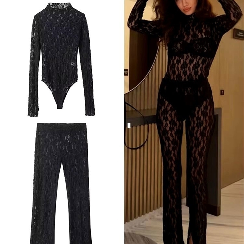 HH Womens Lace Pants Sets Slim Jumpsuits Top High Waist Trousers Sexy Lady Floral Lace Translucent Y2k Bodysuit Suits 251031