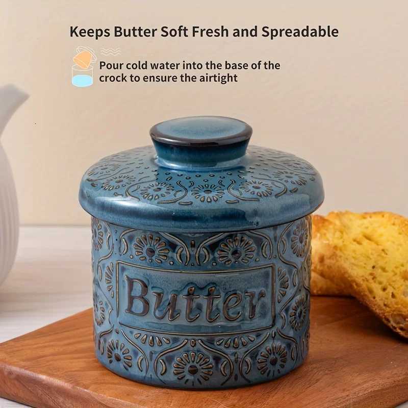 1pc Autumn vintage kilnchanged glaze butter bowl deep blue glaze with lid and ceramic butter bowl cheese storage jar Y251101-image-1082680474