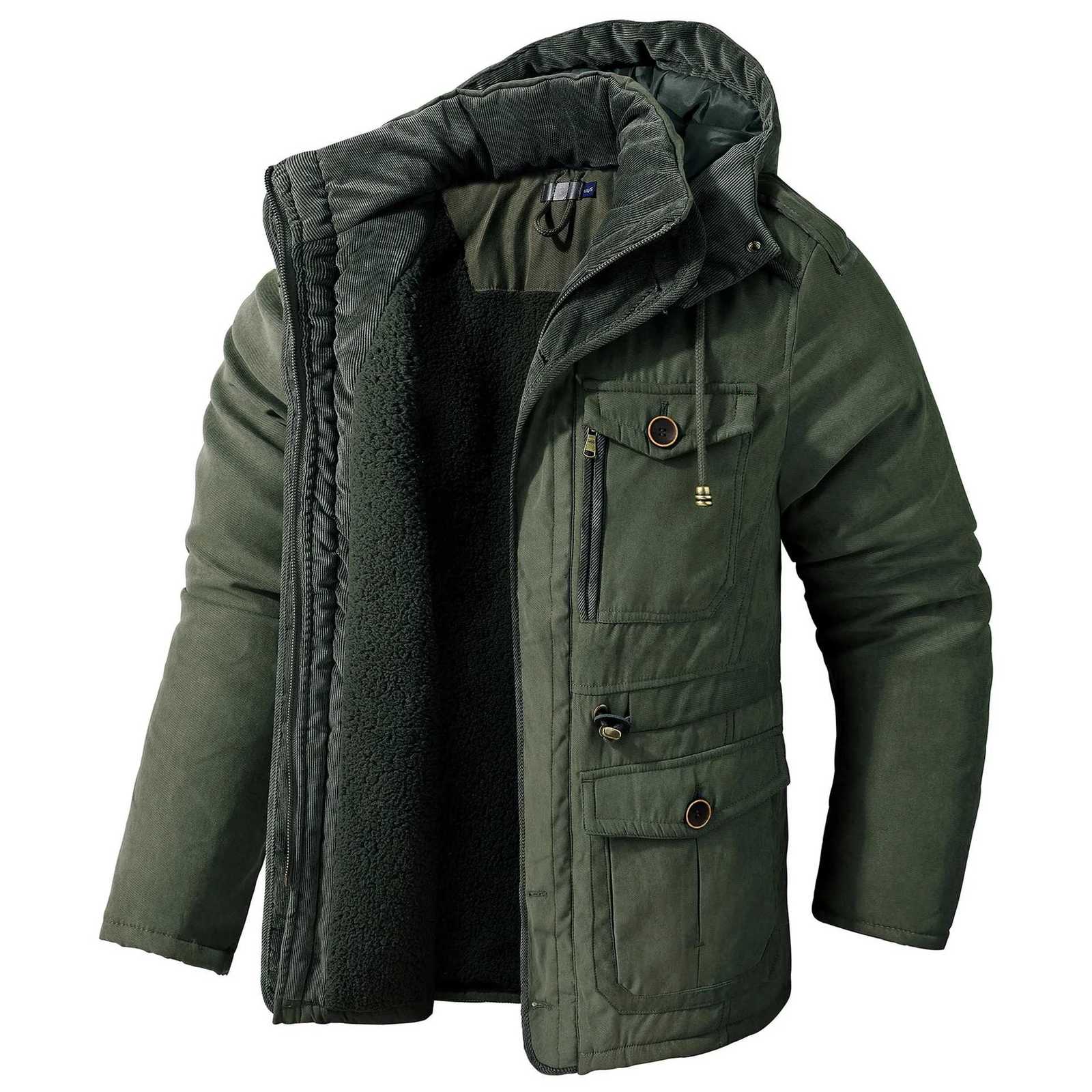 Winter Mens Jacket USA SIZE Large Size Lamb Fleece Hooded Cotton Jacket Thickened MultiPocket Casual Coat Mid Length JacketsXJ251101