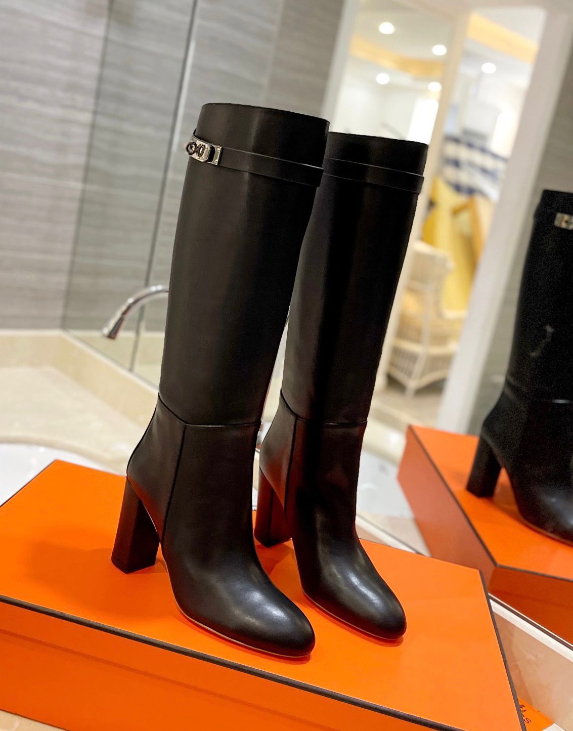 Winter Luxury Jumping Women Tall Boot Palladium Plated Buckle Black Brown Beige Calf Leather High Heels Lady Evening Party Perfect Walking EU35-43
