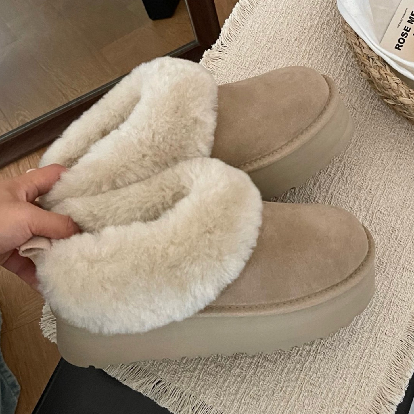 (Order by pic in opt, not by desc) Women's Platform Wedge Snow Boots - Slip-On Waterproof Faux Leather Shoes with Faux Fur Lining, Anti-Slip Ou