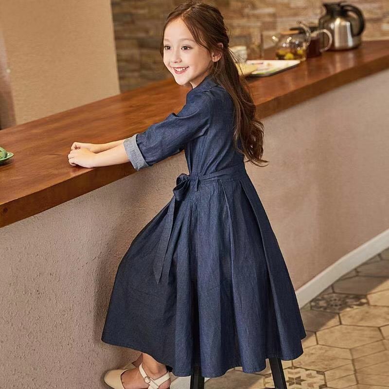 D585 Girls&#039; 2023 Spring and Autumn Denim Dress, Stylish Long Sleeve Dress, Thin and Soft, Korean Style with Large Skirt for Medium and Large-image-1082755083