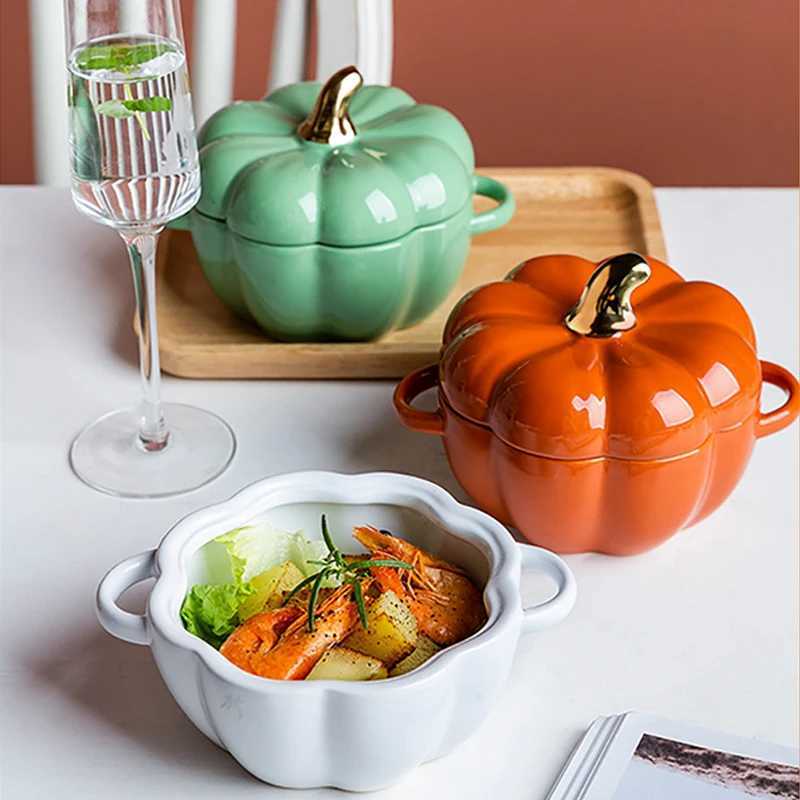 Pumpkin Shape Bowl With Lid Ceramic Soup Salad Cereal Bowl Bakeware Oven Baking Pan Kitchen Halloween Party Festival Decoration Y251101-image-1082680562