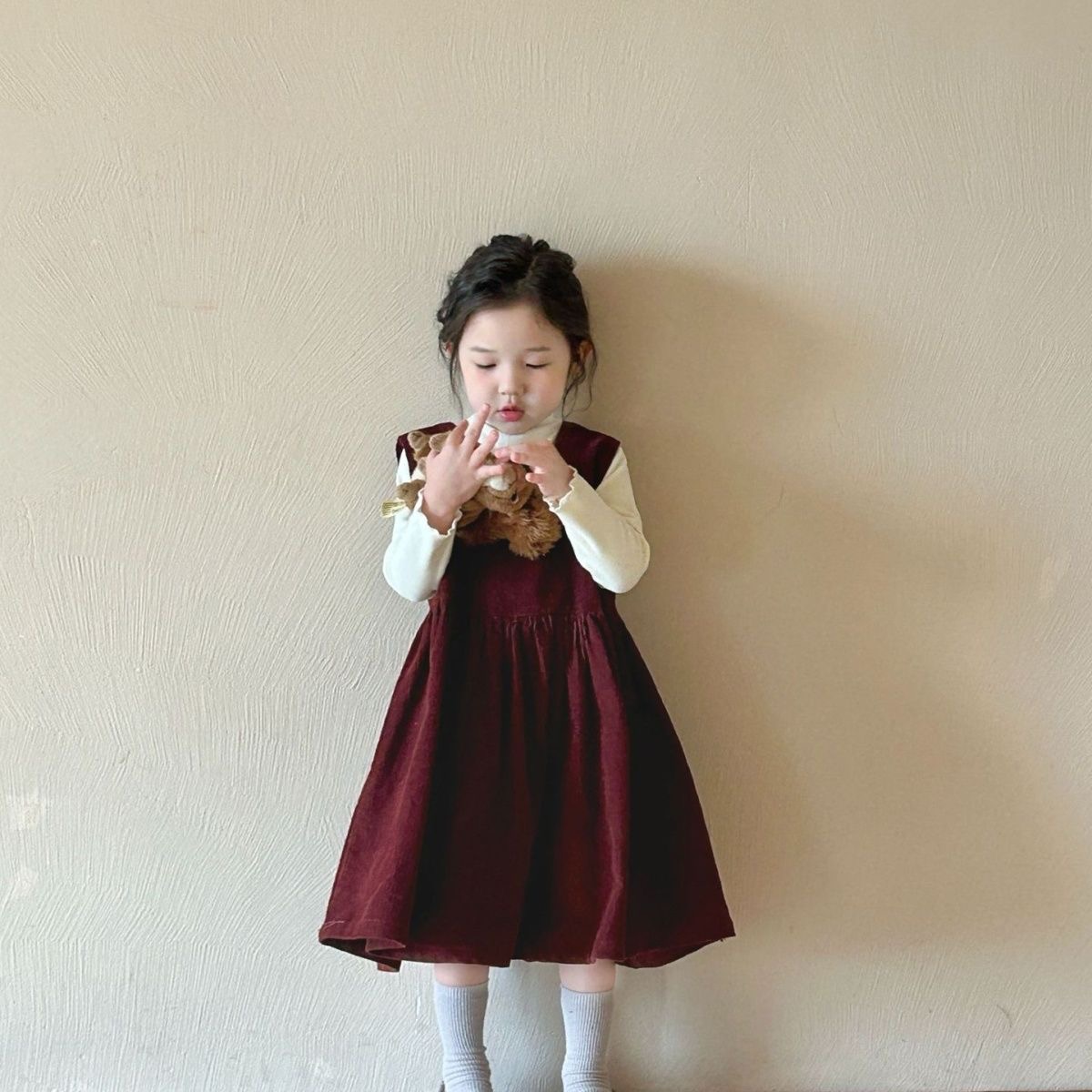 D588 Autumn New Children&#039;s Clothing, Korean Style, Girls&#039; Solid Color Corduroy Vest Dress, Mid-Length Dress-image-1082755844