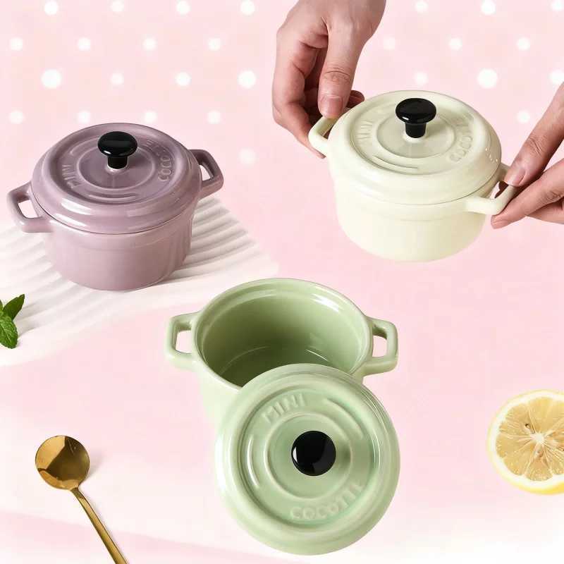 Ceramic steamed egg bowl with lid and double handles household waterproof stew pot food bowl dessert bowl breakfast bowl Y251101-image-1082680513