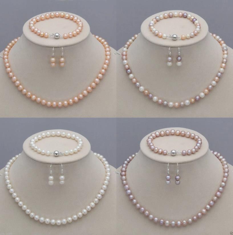 Collier de perles bijoux 7-8mm collier de perles de culture Akoya naturelles + Bracelet + boucles d'oreilles ensemble de bijoux