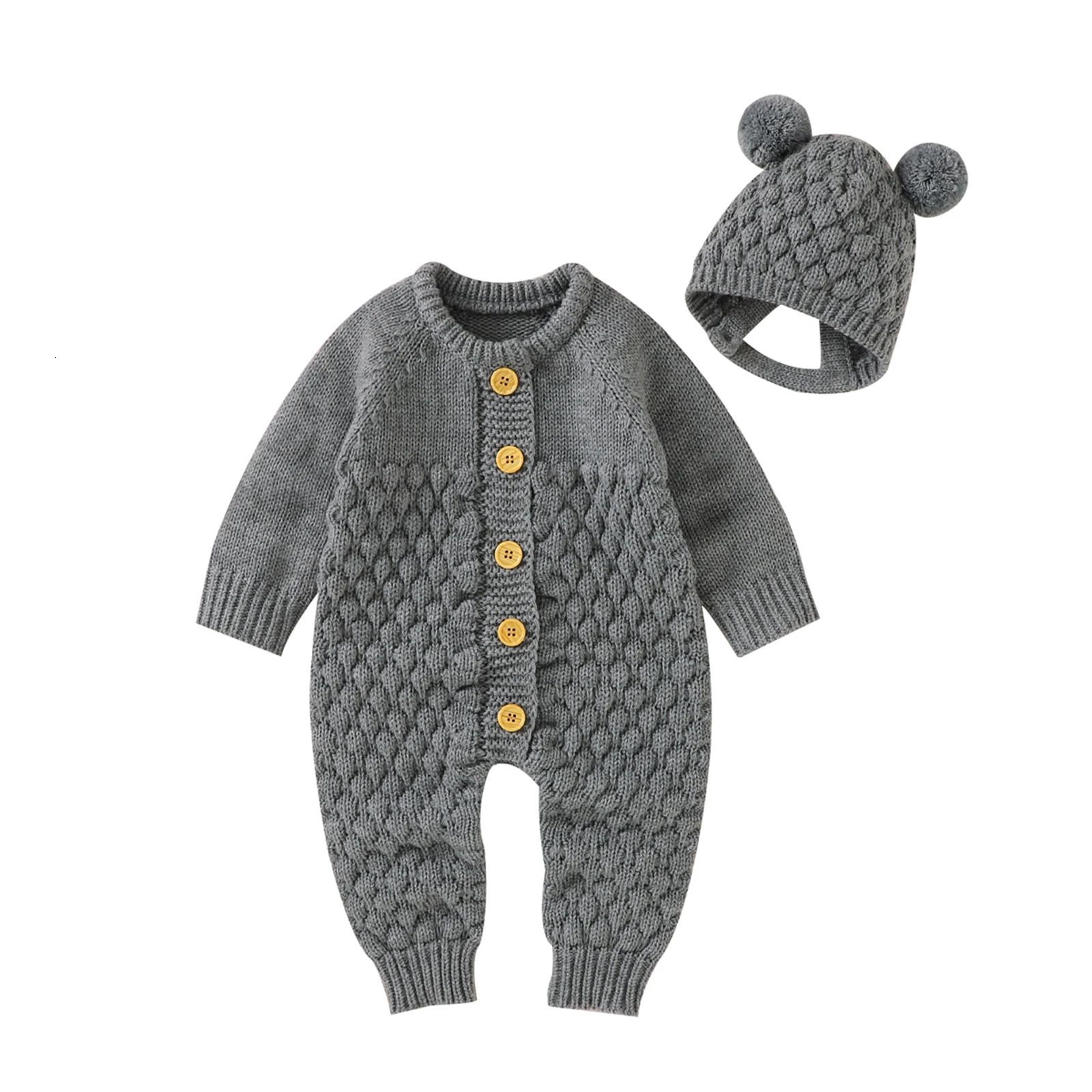 w631 VISgogo Baby 2PCS Winter Jumpsuit Outfits Infant Boys Girls Clothes Long Sleeve Solid Color Knitted Romper Bear Hat Set-image-1082738846