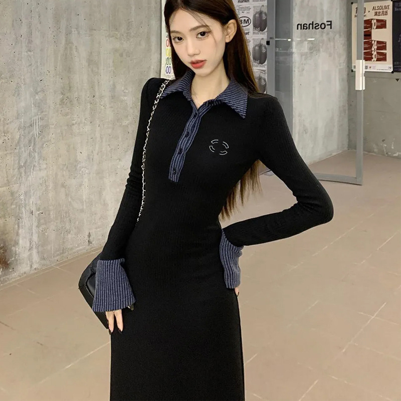 Designer Patchwork Col Polo Robe Tricotée Automne Hiver Manches Longues Taille Cinching Robe Printemps Élégant A-ligne Robe Longue HBRD