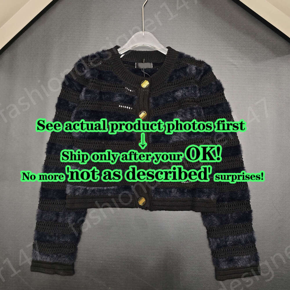 Luxury Designer Women's Fuzzy Striped Knit Cardigan Exquisite Metal Brand Logo Buttons Open Front Cropped Round Neck Long Sleeve Versatile S