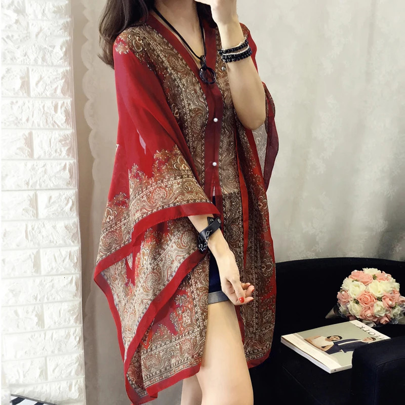 Camicia da donna in chiffon alla moda, costume da bagno, pareo, stampa protezione solare, scialle, copertura bikini morbida e ampia, accessori per i