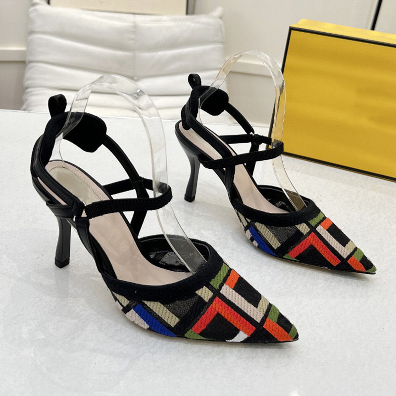 New Jacquard Cloth Women High Heeled Shoes Pointed Fashion Kitten Heeled Dew Heeled Sandals Luxury Designer Classic Women Shoes Factory Footwear
