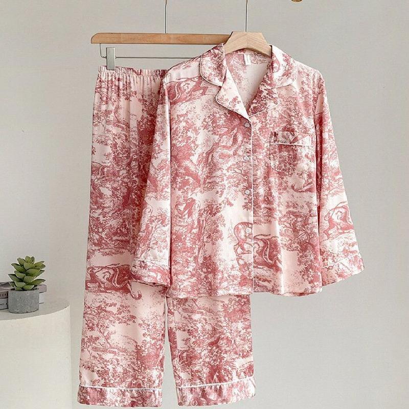 2025 New Designer Ice silk pajamas sleepwear long sleeve lounge tiger skin-friendly comfortabl fabric luxury wear forest couple homewear-image-1051734348