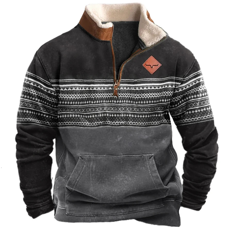 Western style mens sportswear retro zipper stand up collar autumn spring striped clothing top 250322Z