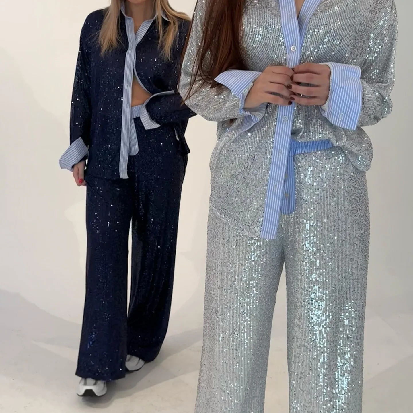 Two Pieces Women Sets Sequin Matching Set Spliced Long Sleeves Shirt Elastic Waist Wide Leg Pant Loose Casual Autumn 251030
