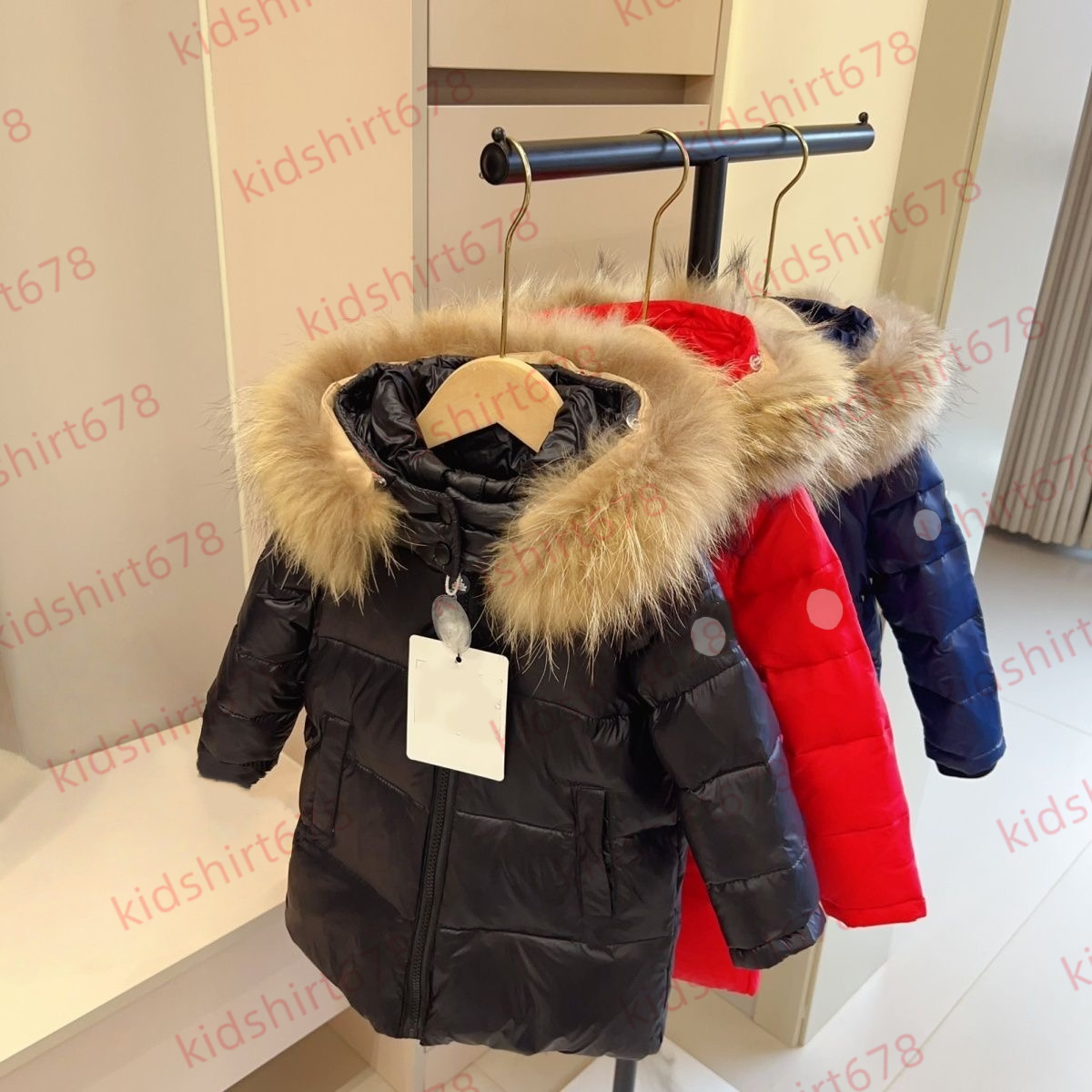 Baby designer clothes M long hooded leather fur collar children down jacket hooded fashion design baby jacket slim fit embroidered badge boys and gi