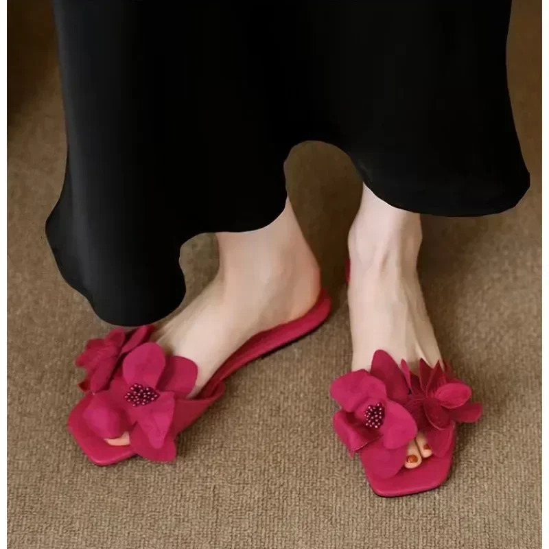 Womens Summer Fashion Slider Solid Color Flower Designer Flat Feet Sexy Daily Leisure Wedding Party Sandals 250402BJ
