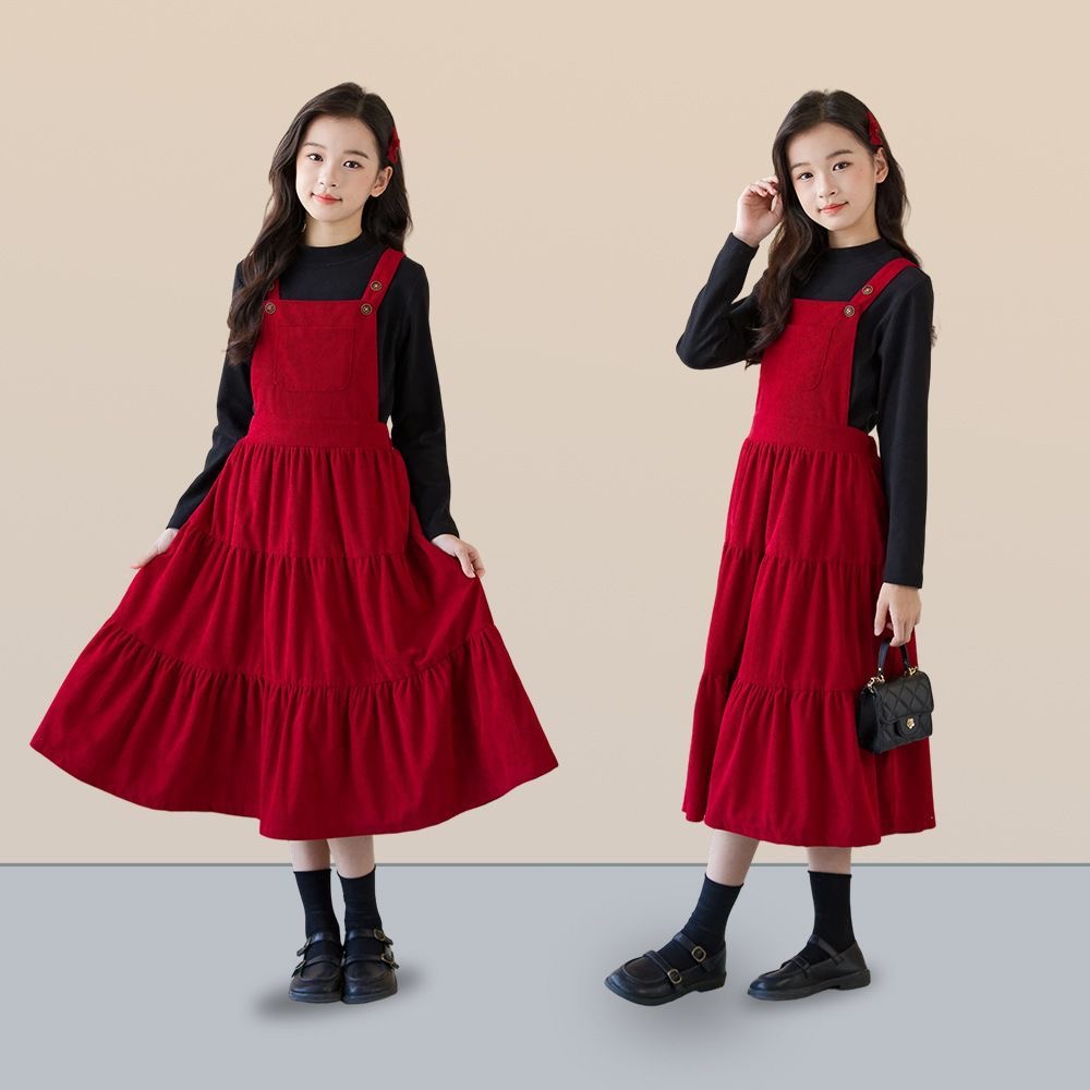D596 Red corduroy sundress for girls, long dress for older girls, stylish New Year&#039;s outfit for junior high school students, cake dress.-image-1082826562