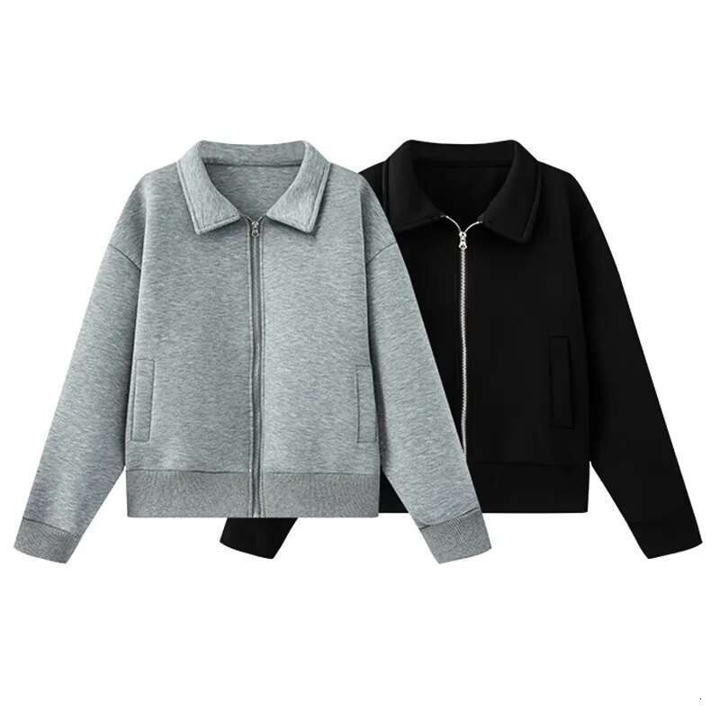Spring Gray Bomber Jackeet Black Outwear Polo With Zipper Outerwear Jaqueta Retro Solid Casual Loose Long Sleeve Top Woman