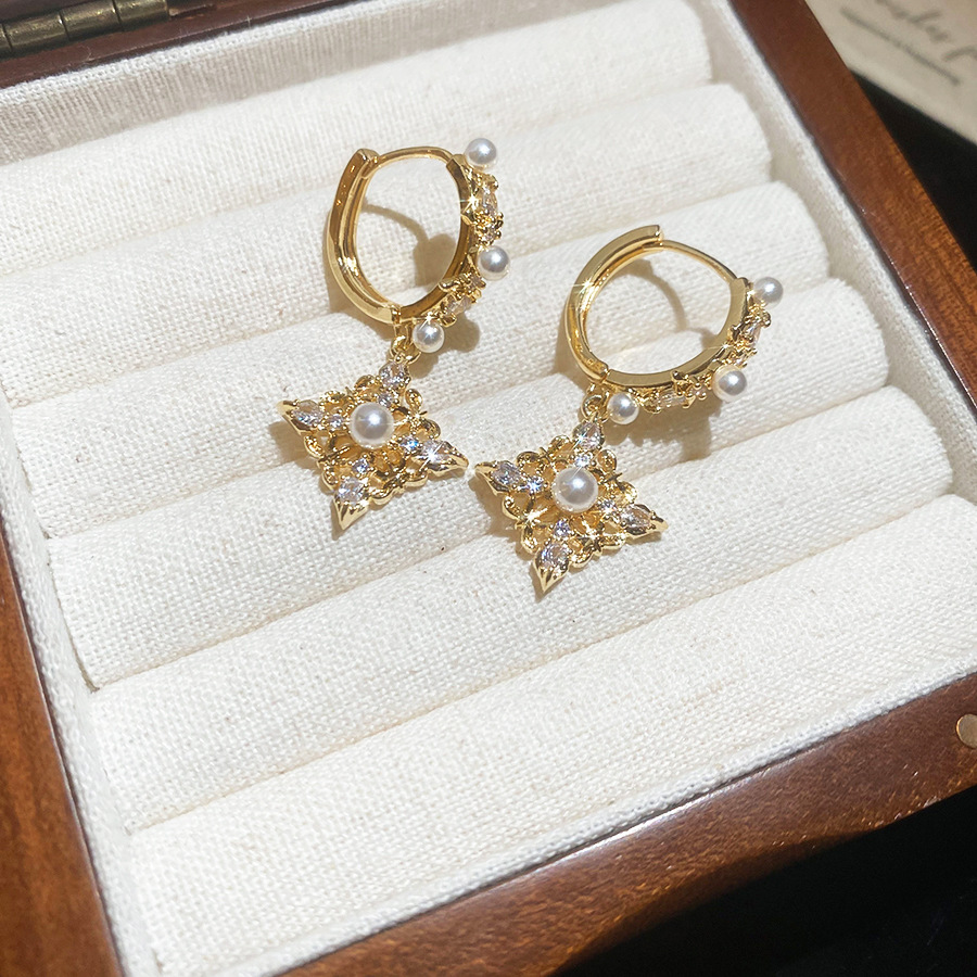 18K Real Gold Plated Zircon Rhombus Pearl Vintage Luxury High-end Niche Earrings for Women-image-1082774812