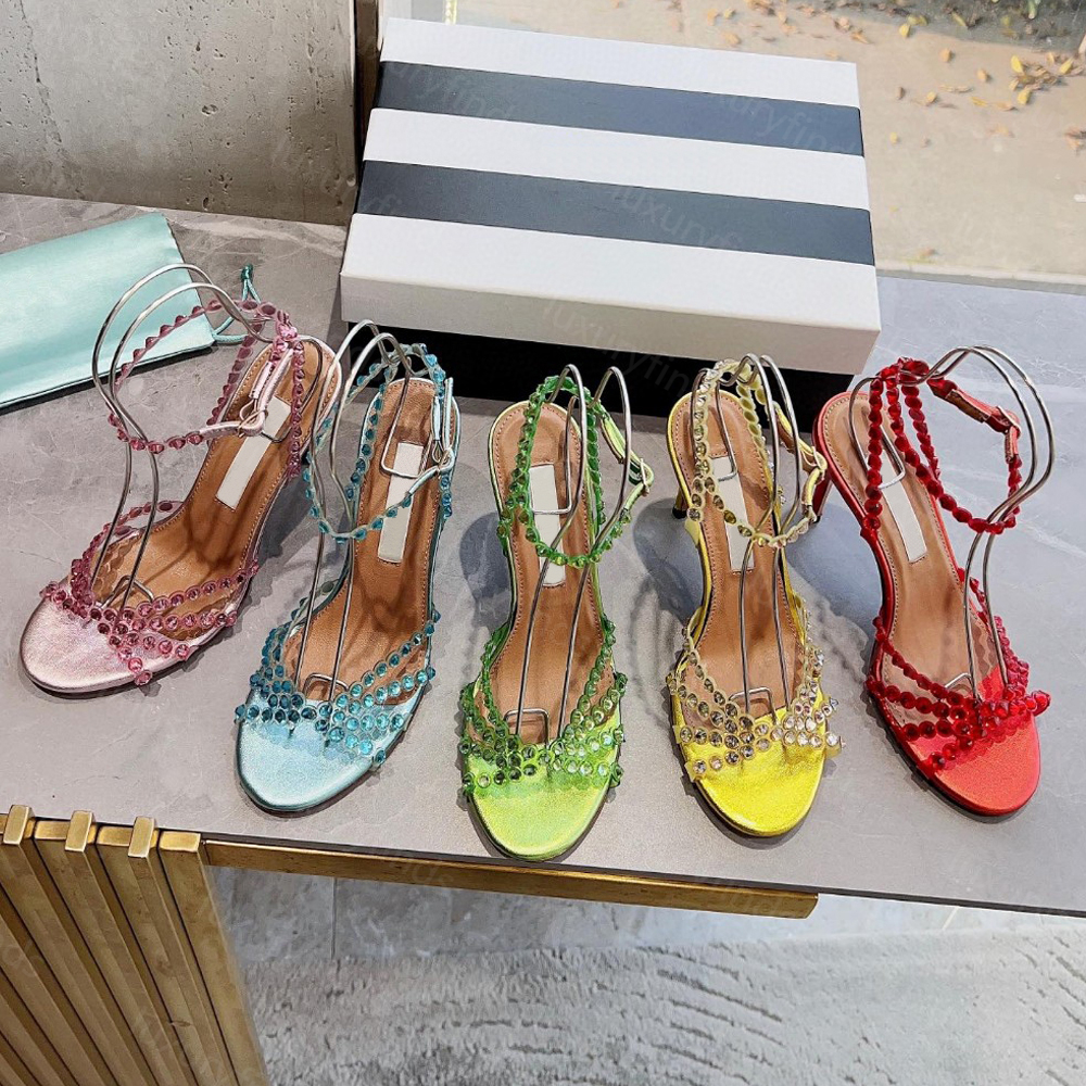 Designer Women Tequila Sandals 105mm Summer Crystal-Embellished Metallic Leather Sandals Stiletto Heel Open Toe Design Size35-42 Luxury Crystal A