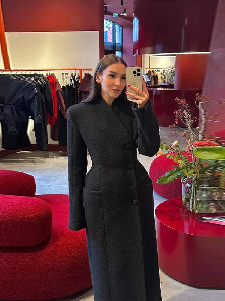 Womens Elegant Black Maxi Overcoat Single Breasted Cinched Waist Tailored High Street Outerwear Fashion Female Casual Outfit 251030