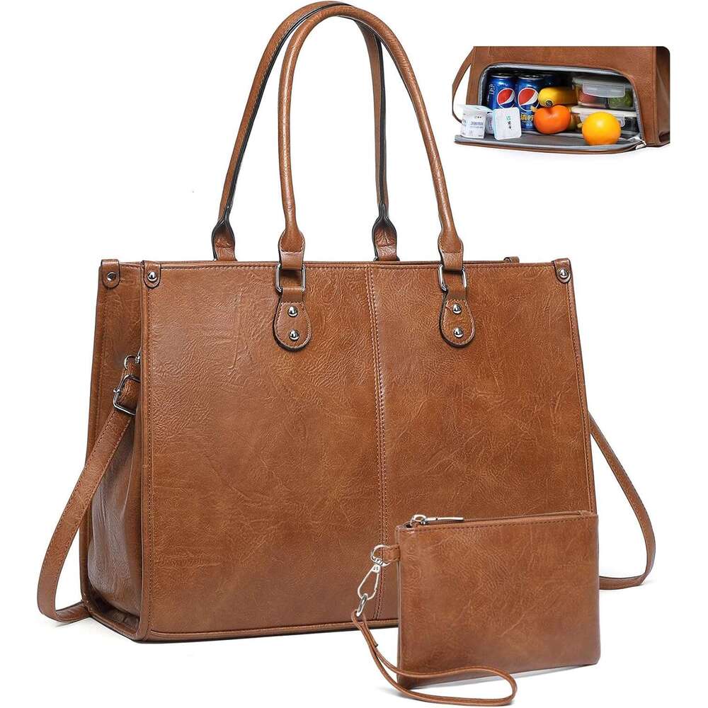 Sac fourre-tout isolé pour ordinateur portable pour le travail des femmes, sac à déjeuner en cuir PU avec compartiment pour ordinateur de 15,6 po