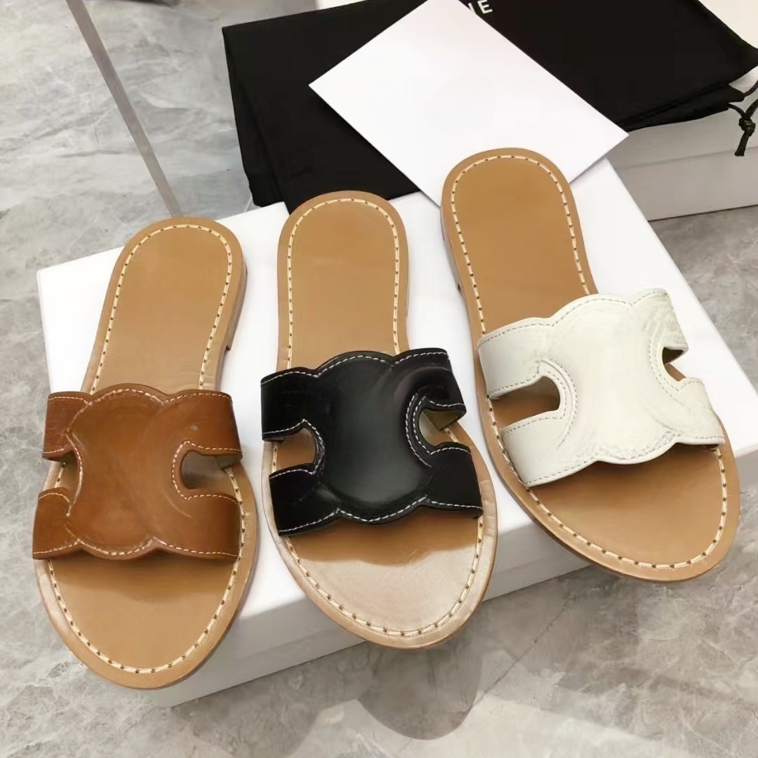 Summer Beach Slippers High quality Designer Sandals Ladies Luxury shoes Vintage Brown leather sliders Women's Fashion Casual sandale loafer Fla