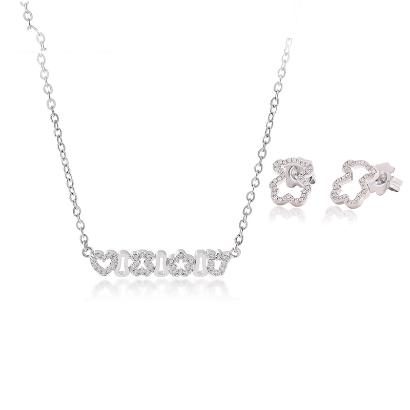 Hot Fashion Women Men Gold Stainless Steel Bear White Zircon Cartoon Span Chain Pendant Necklace Hoop Earrings Sets Jewelry-image-1051884593