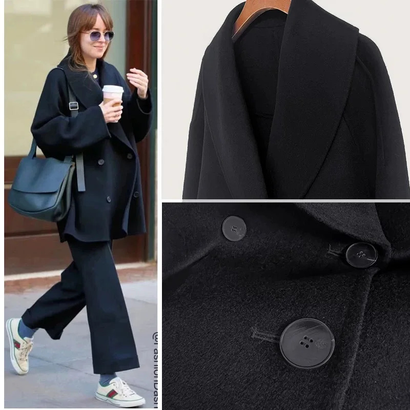 Woolen coat for women in spring 2025 minimalist classic double breasted wool blend green fruit collar 251030