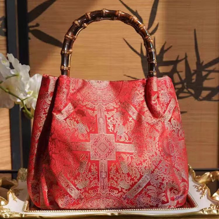 free shipping Spring 2025 New Silk Soft Silk Leisure Exploration Versatile Chinese Style Handbag Bamboo Knot Bag