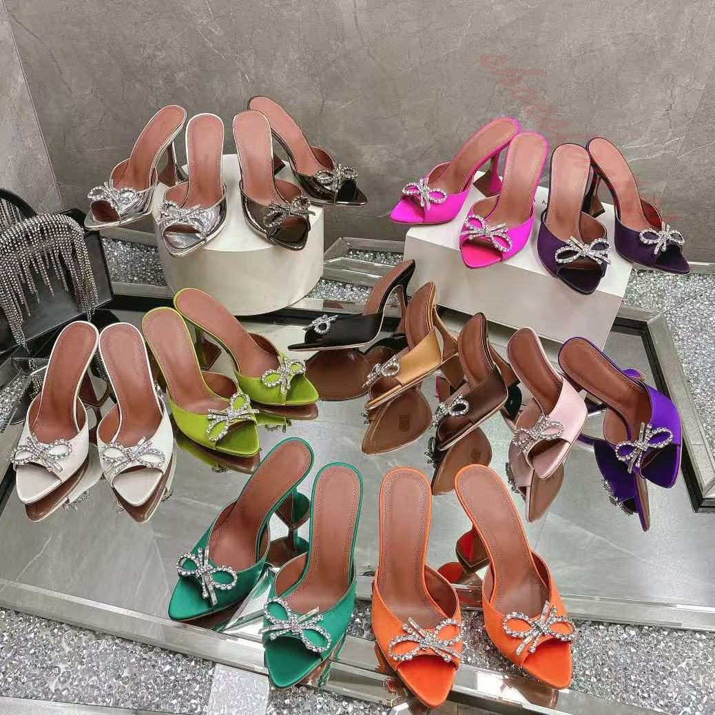 Designers womens sandals Top quality high heeled shoes bowknot pointed toesl crysta buckle summer sexy wedding dress heel strap genuine leather s