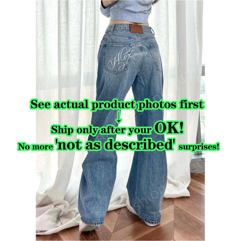 Womens Designer Luxury Sickle Jeans Gradient Wash Brand AleLogo Rhinestone Embellished After Waist Leather Patch High-end Fashion AleDenim Jeans S-X