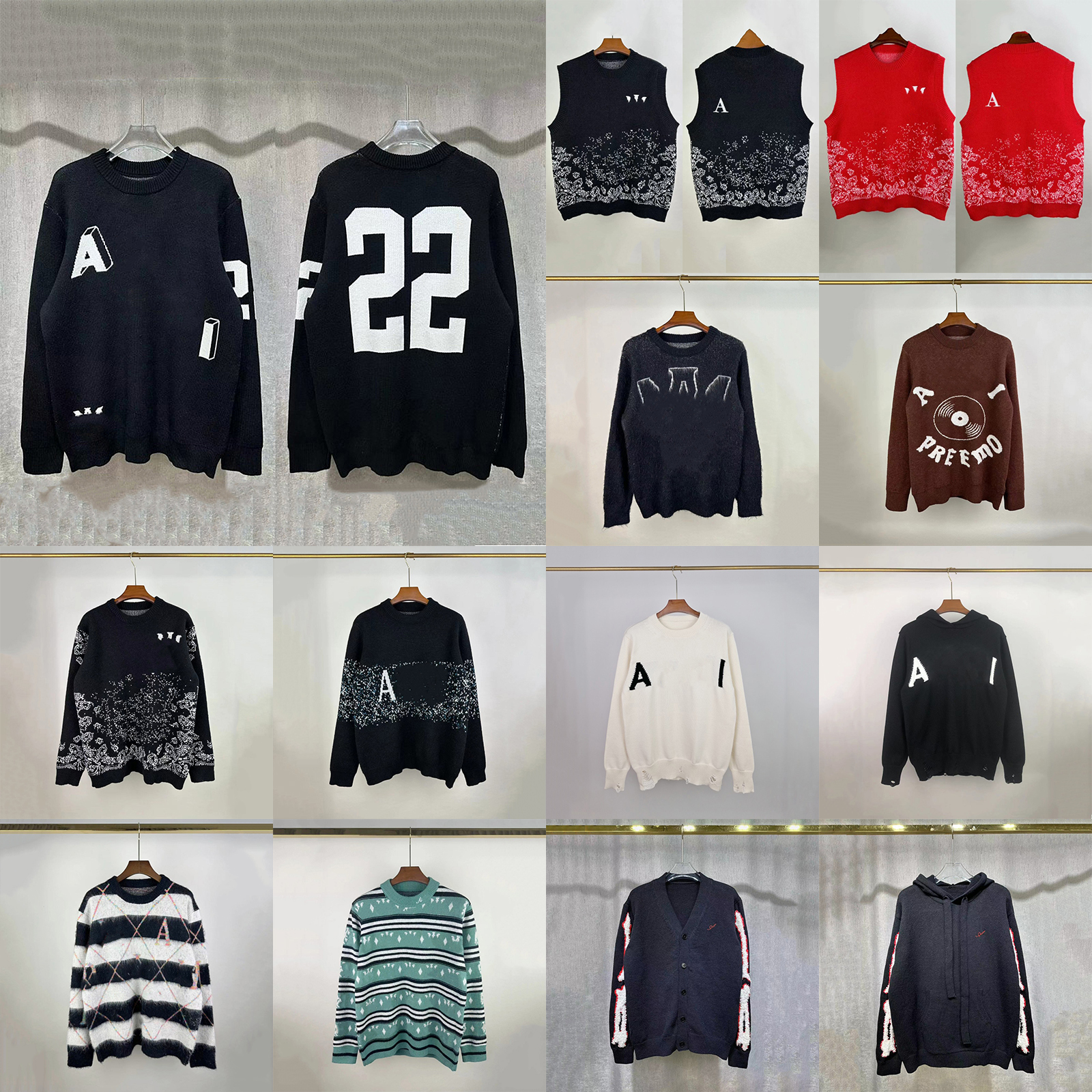 Designer Men's Knitted Letter Jacquard Ripped Hoodie Winter Vintage Casual Cardigan Sweater Vest Men Women