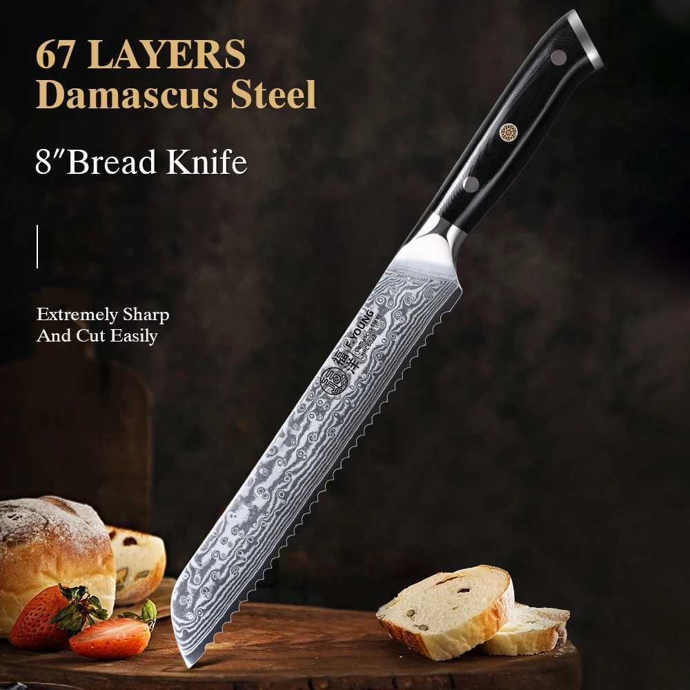 Kitchen knives FYOUNG 8 Serrated Bread Knives Japan 67 Layer Damascus VG10 Steel Chef Knife Super Sharp Kitchen Knife Cut Bread Cheese Knife Y251-image-1082932715