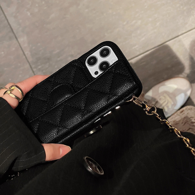 Crossbody Designer Phone Case for Apple iPhone 17 16 15 14 Luxury Pebbled Litchi Leather Diamond Pattern Chains Wallet Card Holder Strap Back Cov-image-988017864