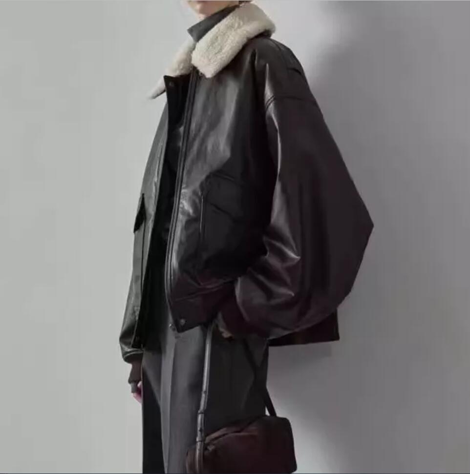 Th ~ Row – manteau en cuir pour femme, nouveau Design, sensation épaisse, large col en fourrure détachable, veste paresseuse ample, automne/hiver