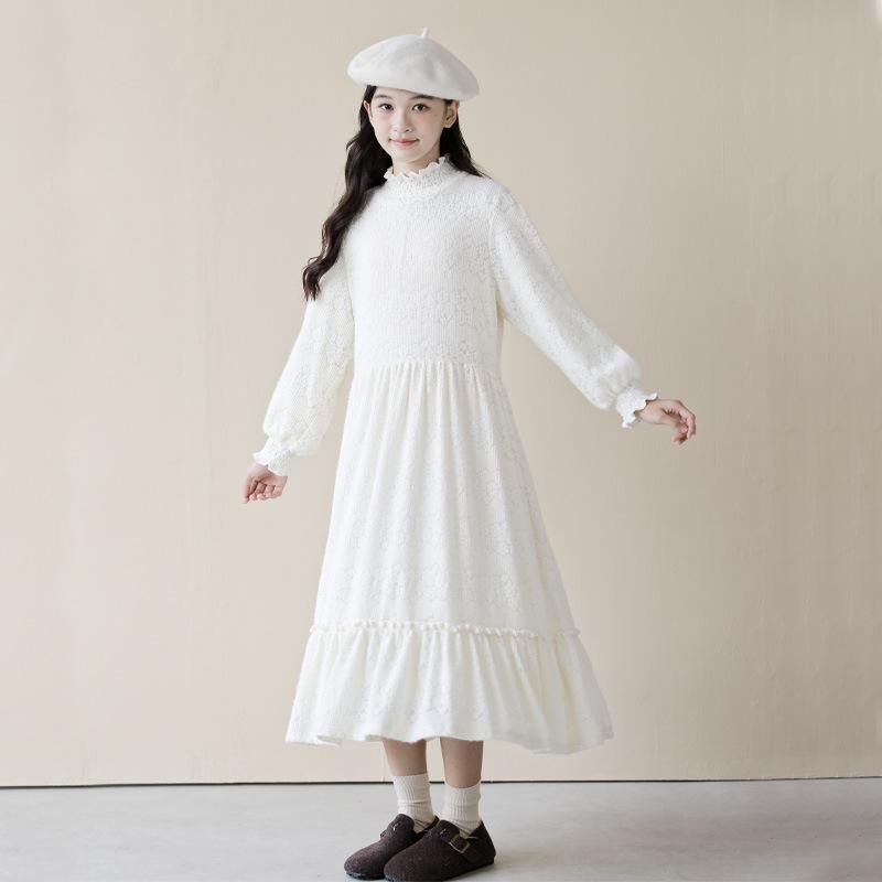 D604 Girls&#039; dress, autumn and winter, French style, stand collar, knitted jacquard lace dress, stylish fairy princess dress for middle and o-image-1082919746