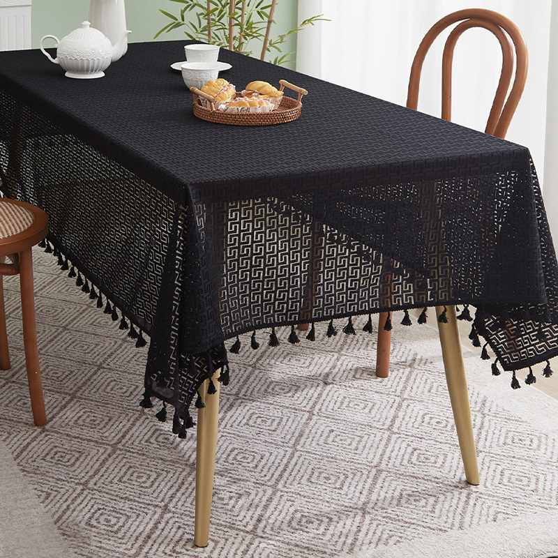 Hollow-out tablecloth, cotton and linen, artistic style, high-end rectangular dining tablecloth, coffee table cover, stain-resistant CFGV01-image-1082926424