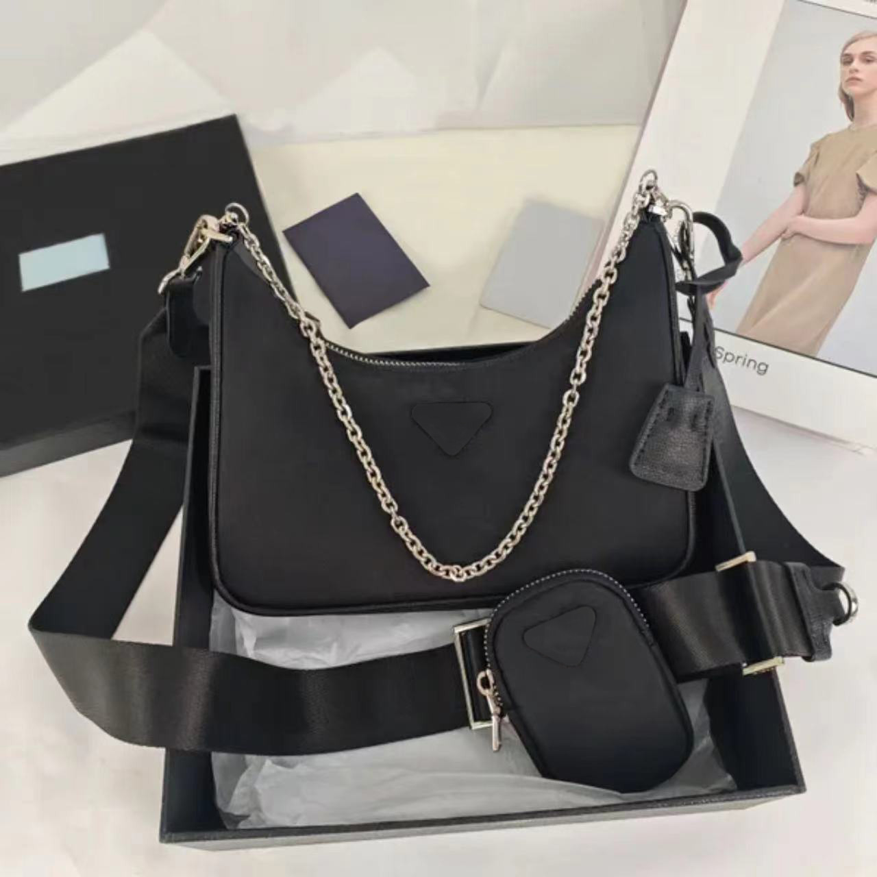 Designer shoulder 2005 HoBo crossbody classic triangle fashion chain bag canvas nylon black three in one armpit wallet