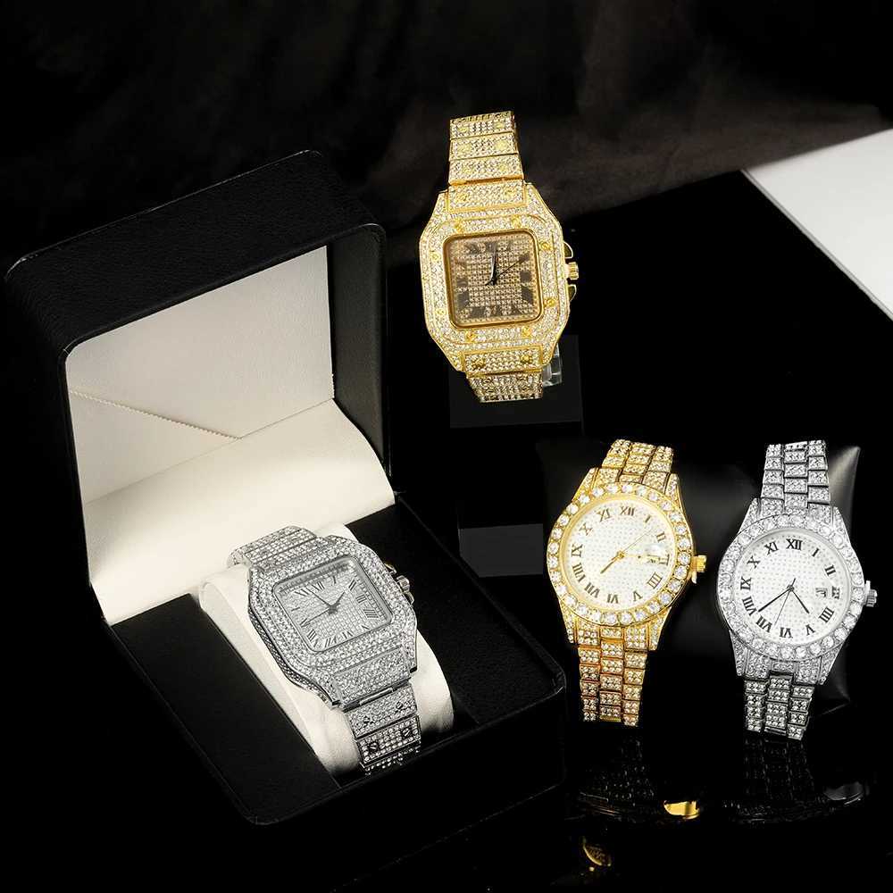 Hip-hop Punk Quartz Montre Élégant Diamants Complets Montre 2 Styles à Choisir Bundled Ajusteur De Taille Hommes Femmes Bijoux De Fête Cadeau Box
