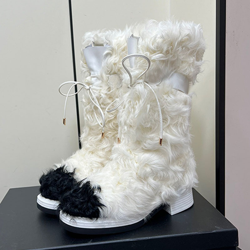Snow boots women winter wool boots 2025SS new designer style small fragrant style hairy shoes high heels woman mid boots hairy wool fabric keep warm