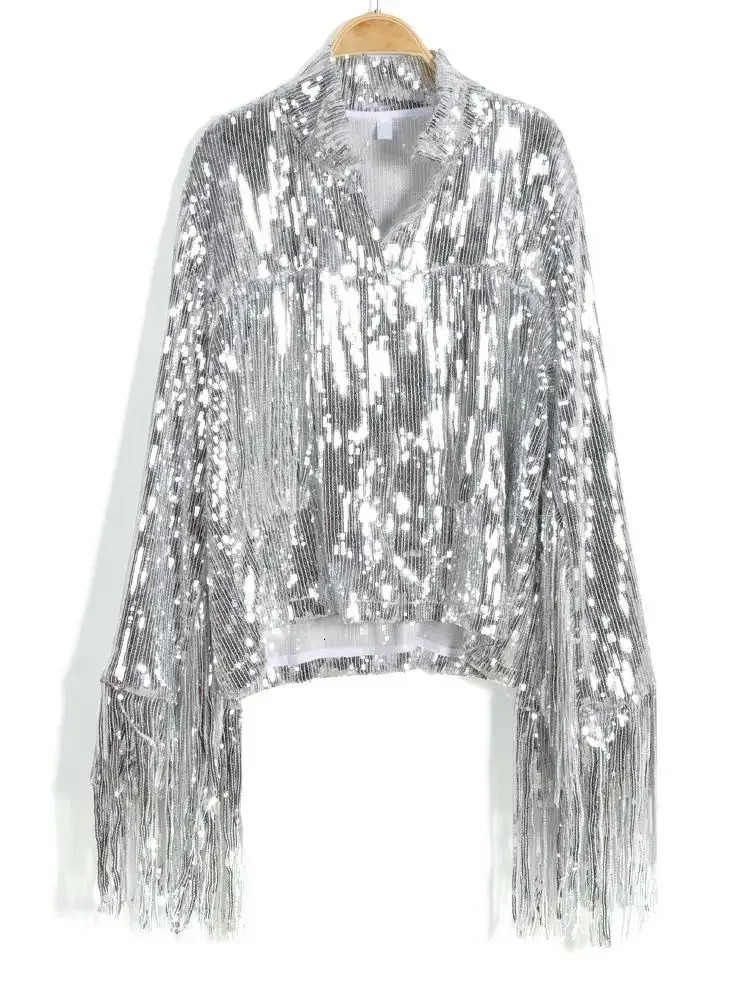 Tassel Sequin Jacket Zipper Autumn Winter Streewear Rock Bf Retro Long-sleeved Silver Reflective Coat Women Outwear Tops250324